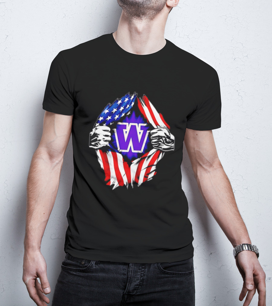 Washington Huskies W Logo American Flag Ripped Chest T-Shirt