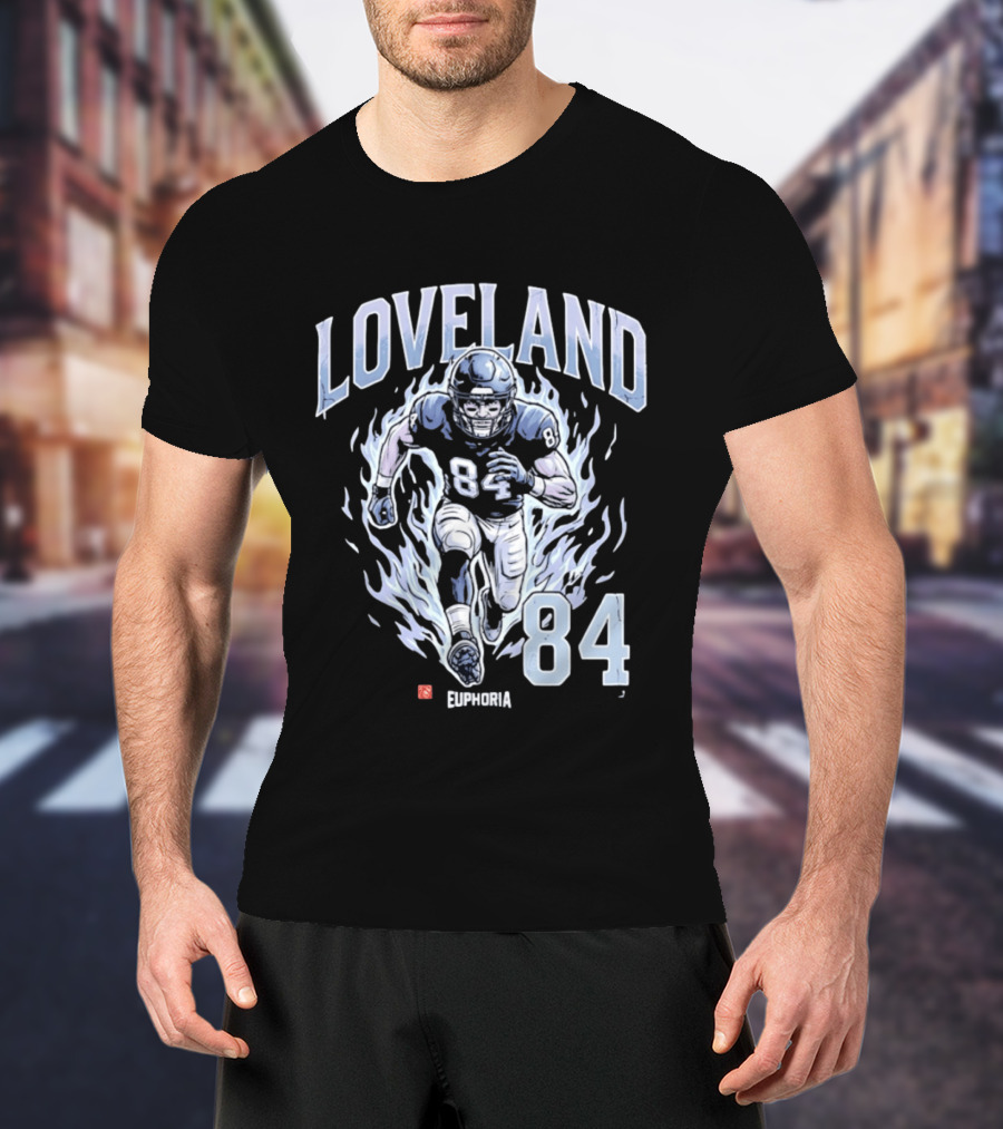 Loveland 84 Euphoria Football Player Blue Flames Athletic T-Shirt