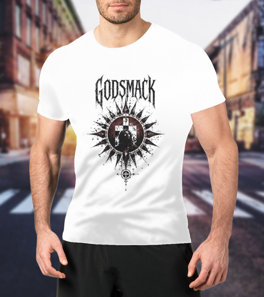 Godsmack X Jesus I Stand Before God Not Perfect Just Forgiven Christian Rock Cross Sun T-Shirt
