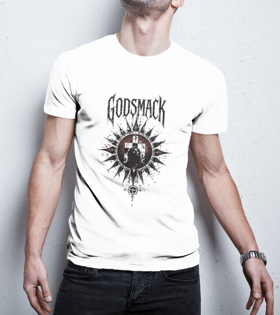 Godsmack X Jesus I Stand Before God Not Perfect Just Forgiven Christian Rock Cross Sun T-Shirt