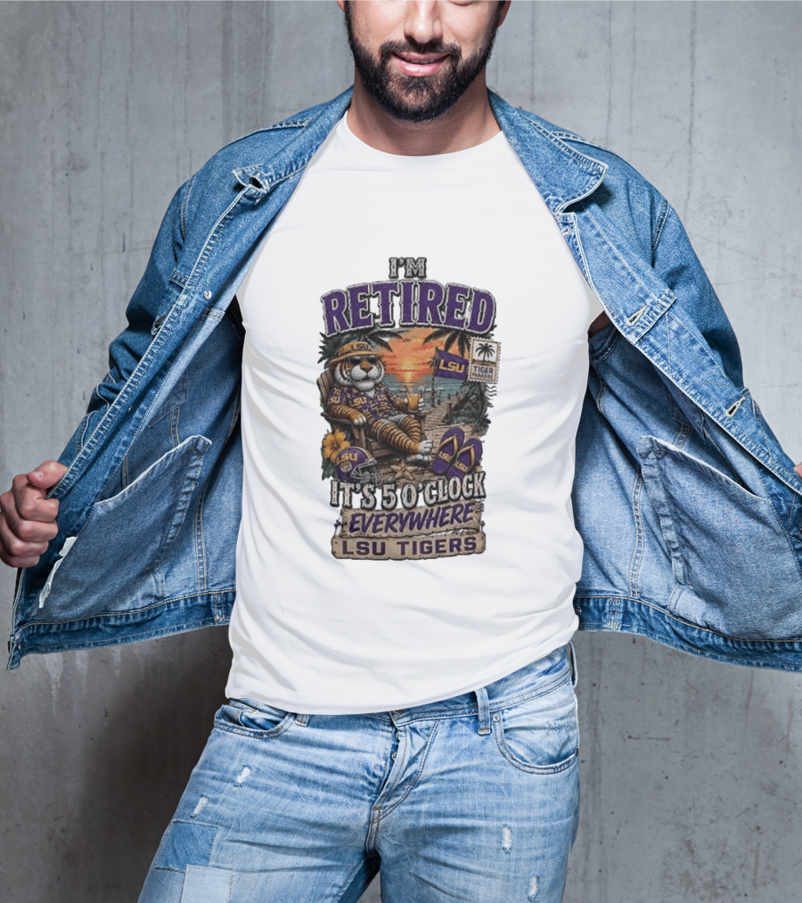 LSU Tigers I'm Retired It's 5 O' Everywhere Beach Relaxation With Palm Trees And Sunset T-Shirt