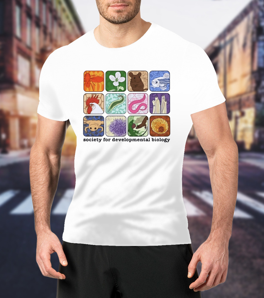 Society For Developmental Biology Model Organisms Collage Fly Plant Mouse Fish Chicken Worm Frog Plant Embryo Egg Cell T-Shirt