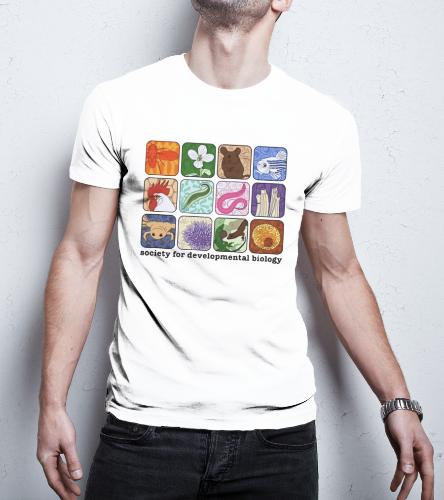 Society For Developmental Biology Model Organisms Collage Fly Plant Mouse Fish Chicken Worm Frog Plant Embryo Egg Cell T-Shirt