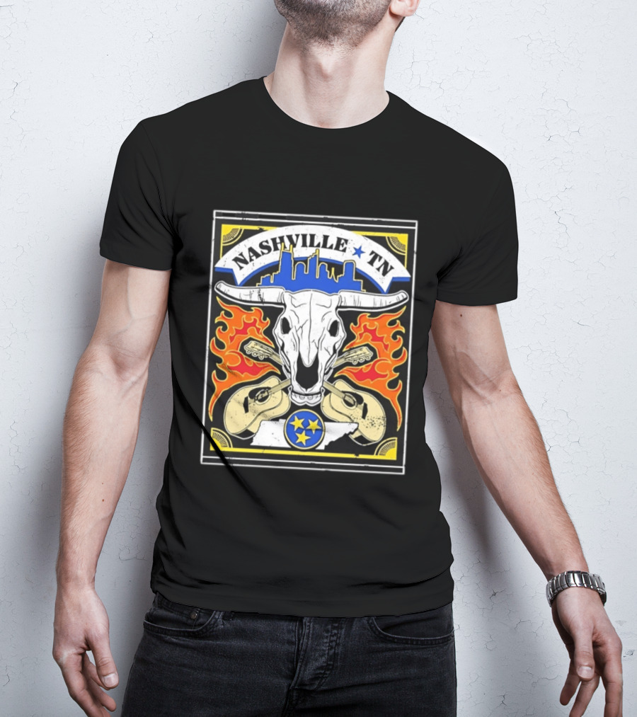 Nashville TN Cow Skull Guitars Flames Skyline Blue Star T-Shirt