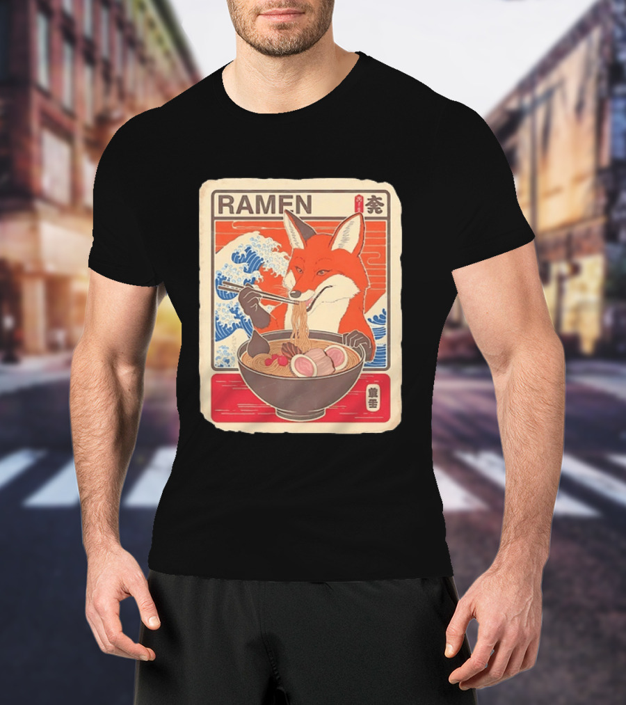 Fox Eating Ramen With Japanese Wave T-Shirt
