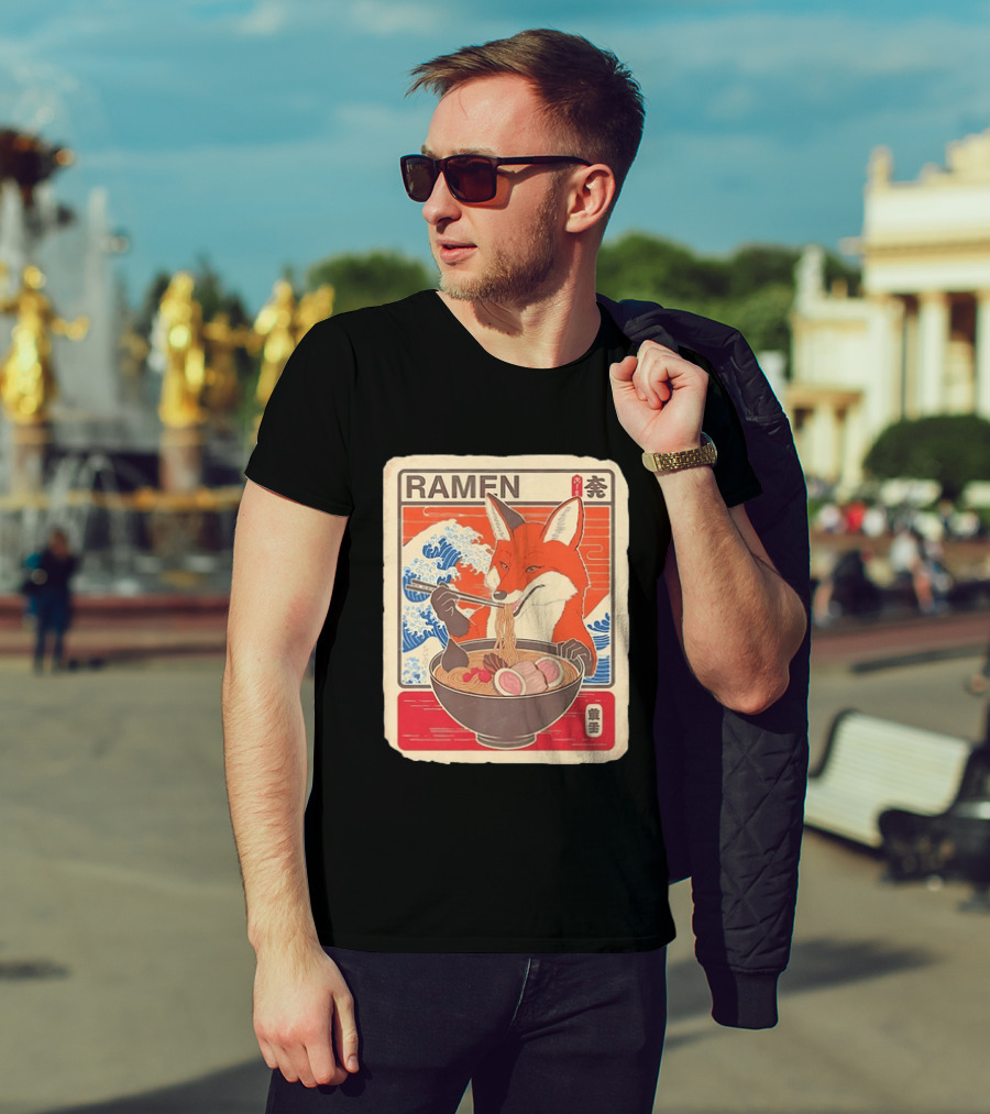 Fox Eating Ramen With Japanese Wave T-Shirt