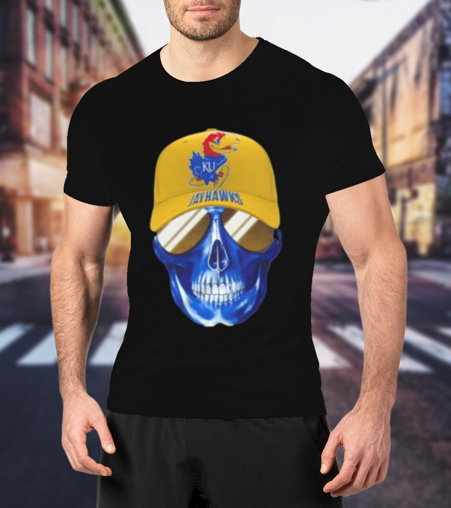 Kansas Jayhawks Skull Cap Fans Wear KU Jayhawks Edition T-Shirt