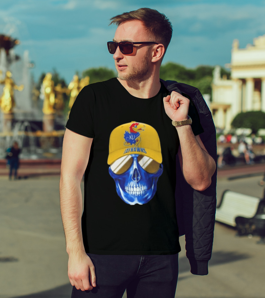 Kansas Jayhawks Skull Cap Fans Wear KU Jayhawks Edition T-Shirt