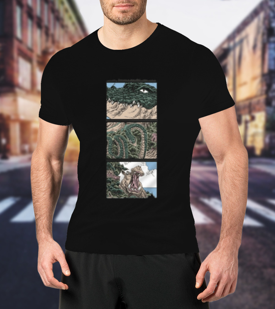 The Longest Johns Store Ends Of The Earth UK Tour Black Crocodile And Dinosaur Comic Strip T-Shirt