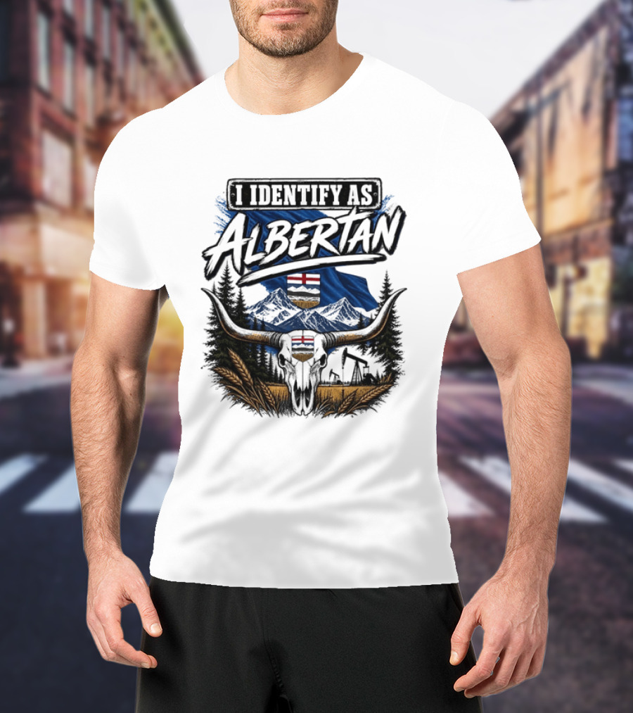 I Identify As Albertan Alberta Flag Longhorn Skull Wheat Forest Scene T-Shirt
