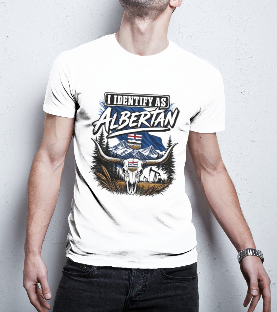 I Identify As Albertan Alberta Flag Longhorn Skull Wheat Forest Scene T-Shirt