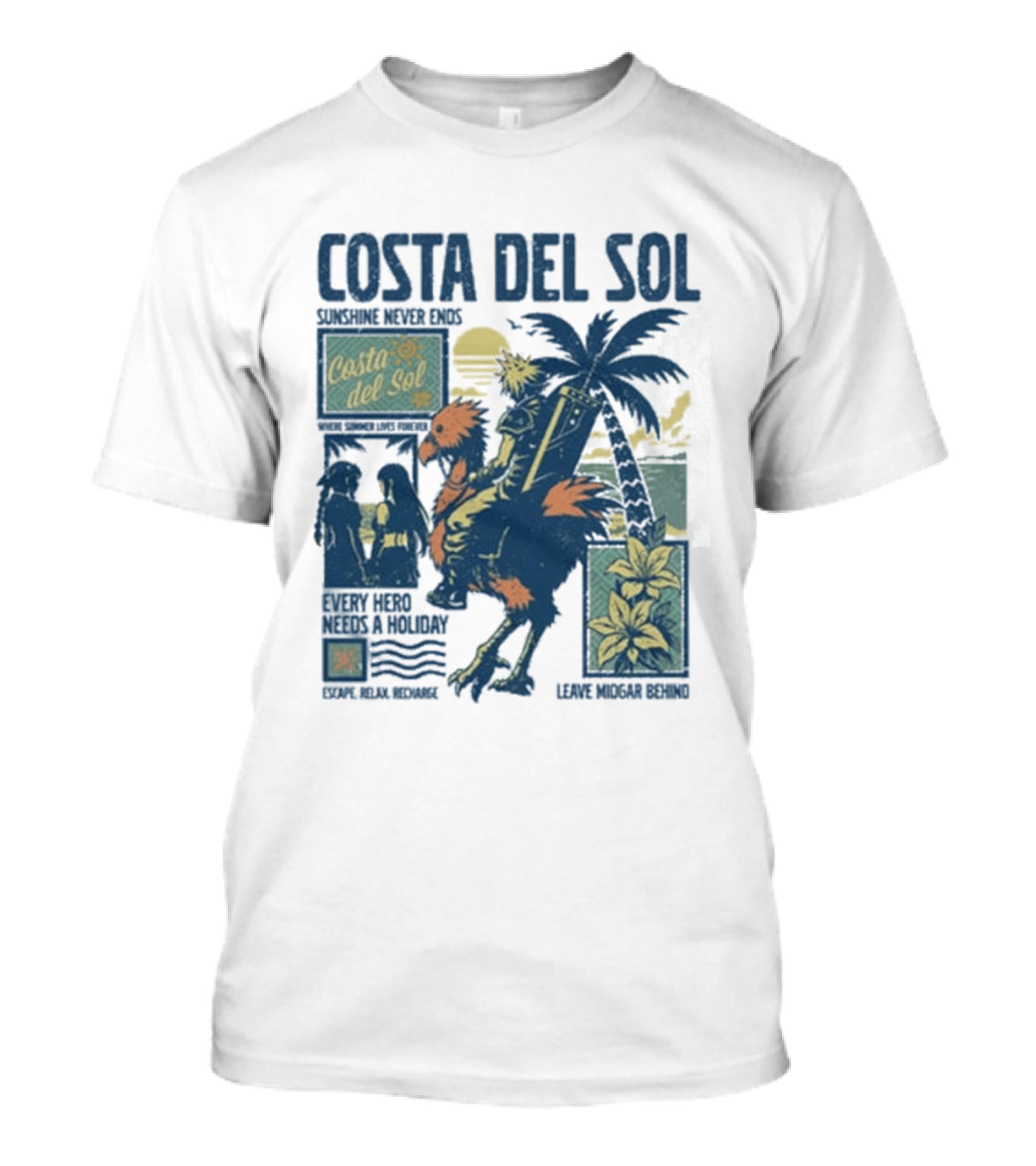 Costa Del Sol Final Fantasy Chocobo Beach Scene Palm Trees T-Shirt