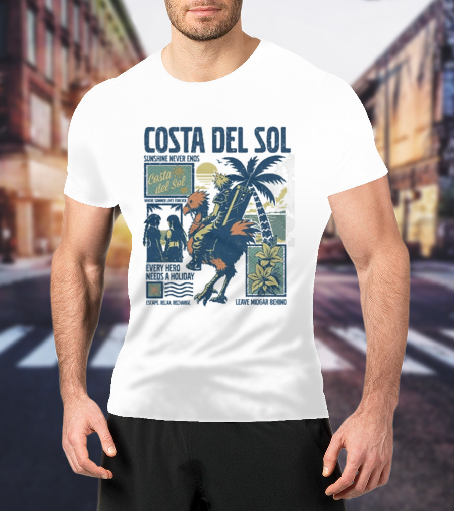 Costa Del Sol Final Fantasy Chocobo Beach Scene Palm Trees T-Shirt