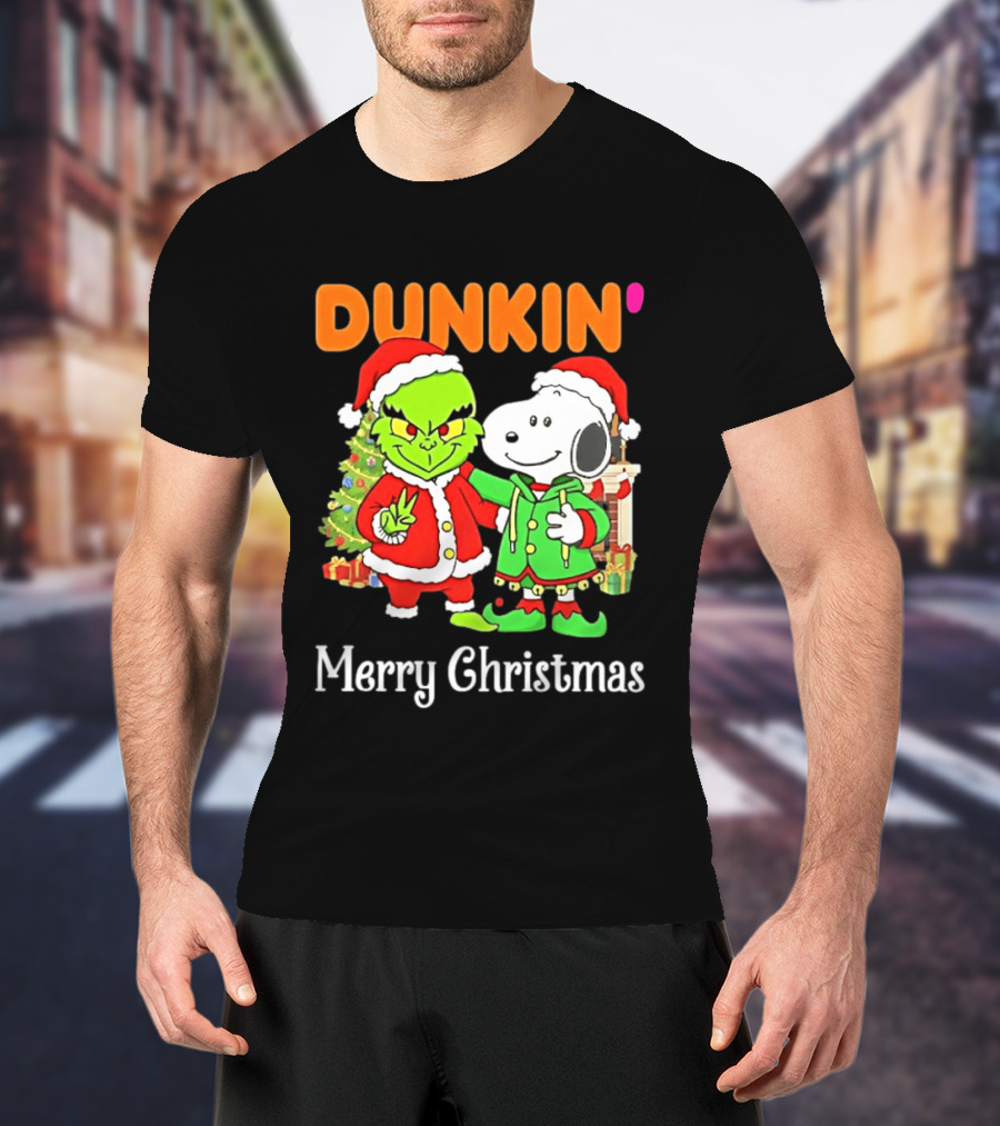 Dunkin Merry Christmas Grinch Snoopy Santas T-Shirt