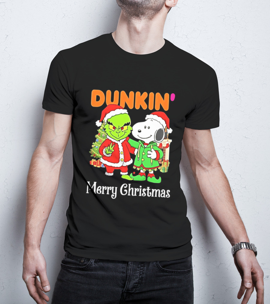 Dunkin Merry Christmas Grinch Snoopy Santas T-Shirt