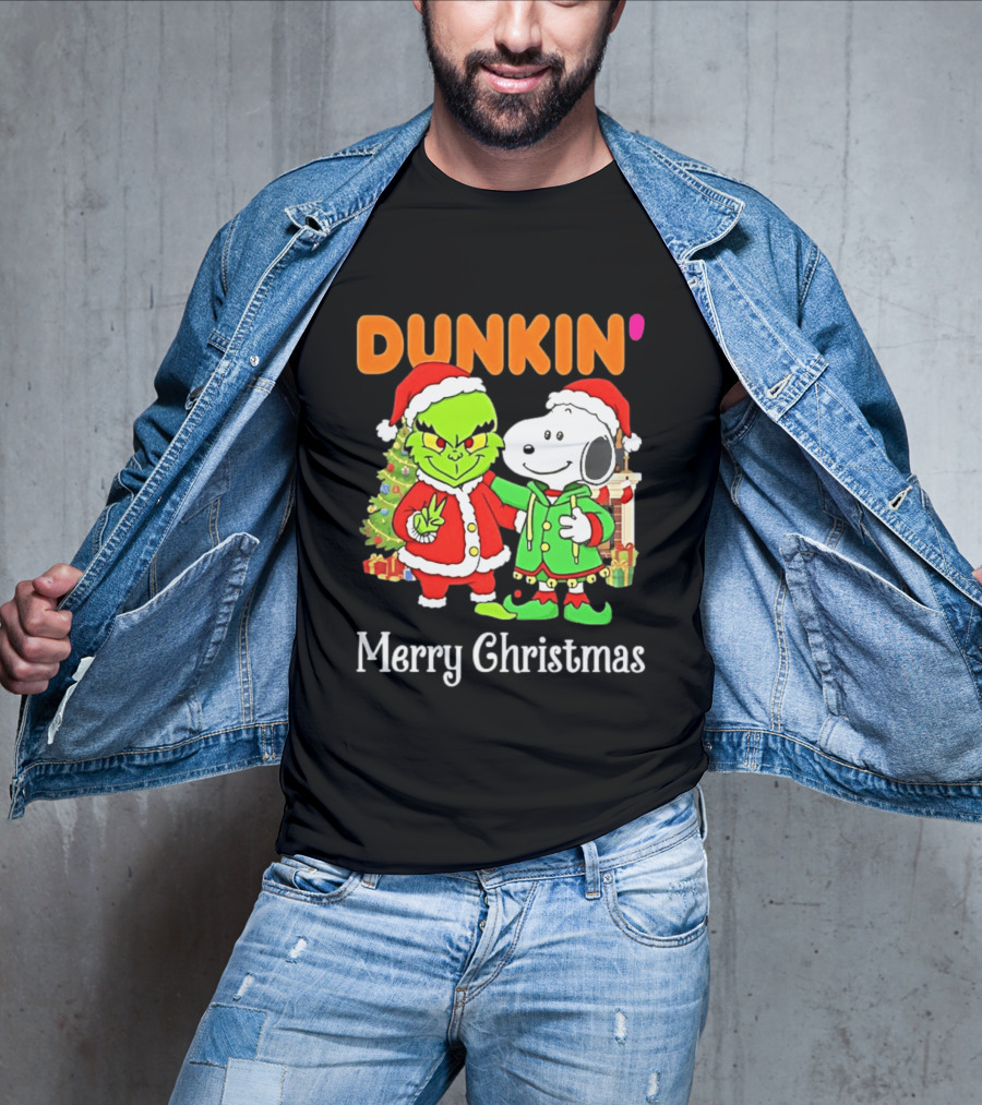 Dunkin Merry Christmas Grinch Snoopy Santas T-Shirt
