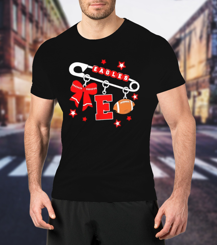 Eagles Safety Pin Charm Football Bow Letter E Stars T-Shirt