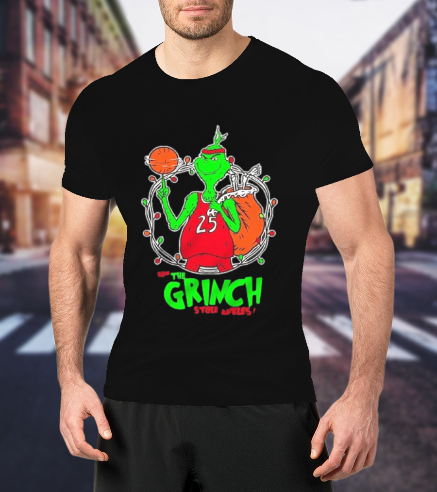 The Grinch Basketball Christmas Lights Jersey 25 Stole Ankles Green T-Shirt