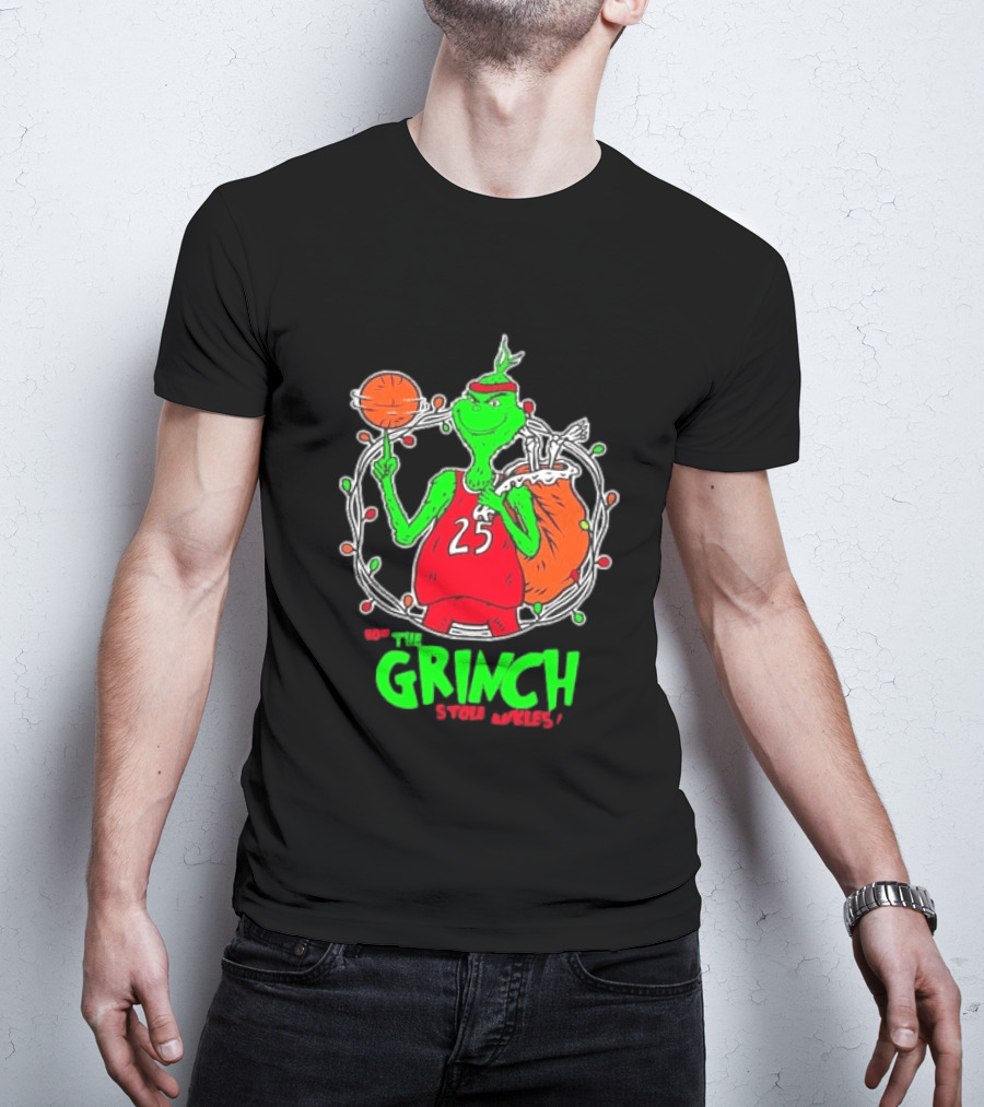The Grinch Basketball Christmas Lights Jersey 25 Stole Ankles Green T-Shirt