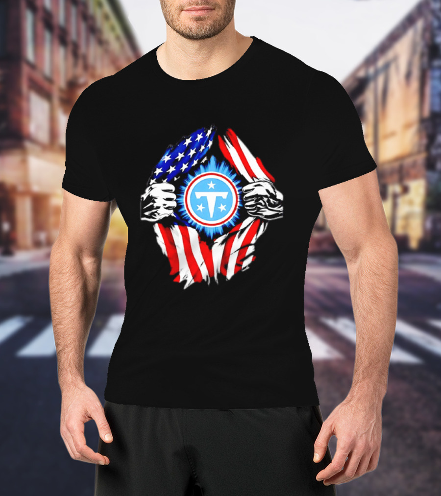 Tennessee Titans American Flag Ripped Chest USA Football Fan T-Shirt