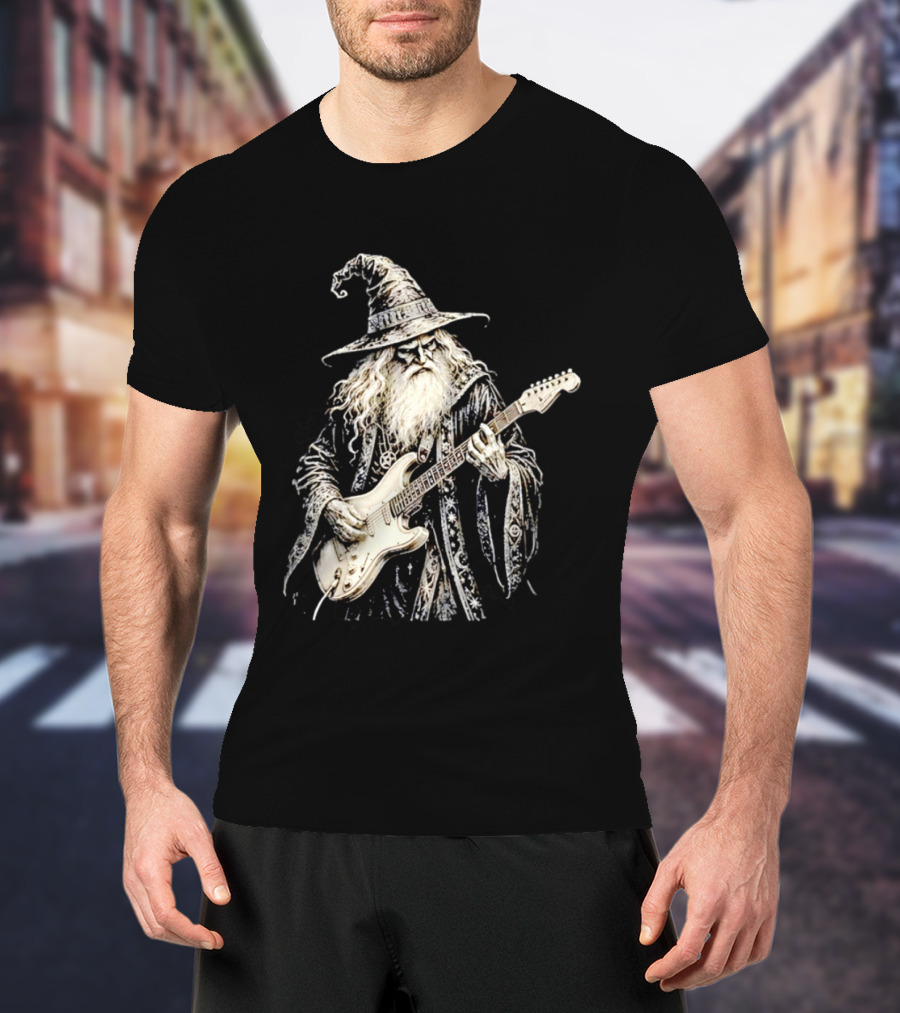 Wizard Playing Electric Guitar Fantasy Musician Magical Rock Legend T-Shirt