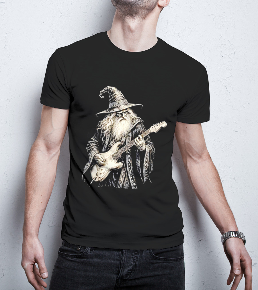 Wizard Playing Electric Guitar Fantasy Musician Magical Rock Legend T-Shirt