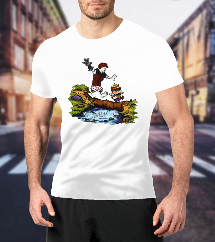 Boy And Crowned Cat Balancing On Log Over Stream T-Shirt