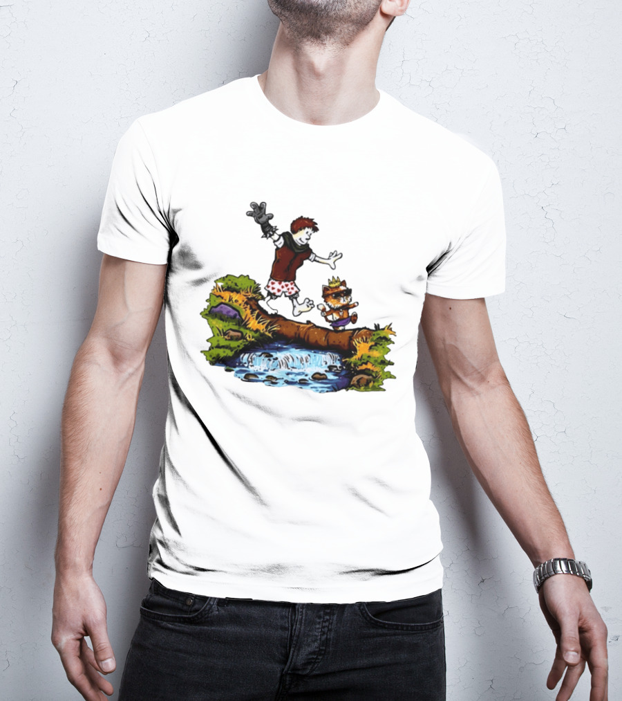 Boy And Crowned Cat Balancing On Log Over Stream T-Shirt