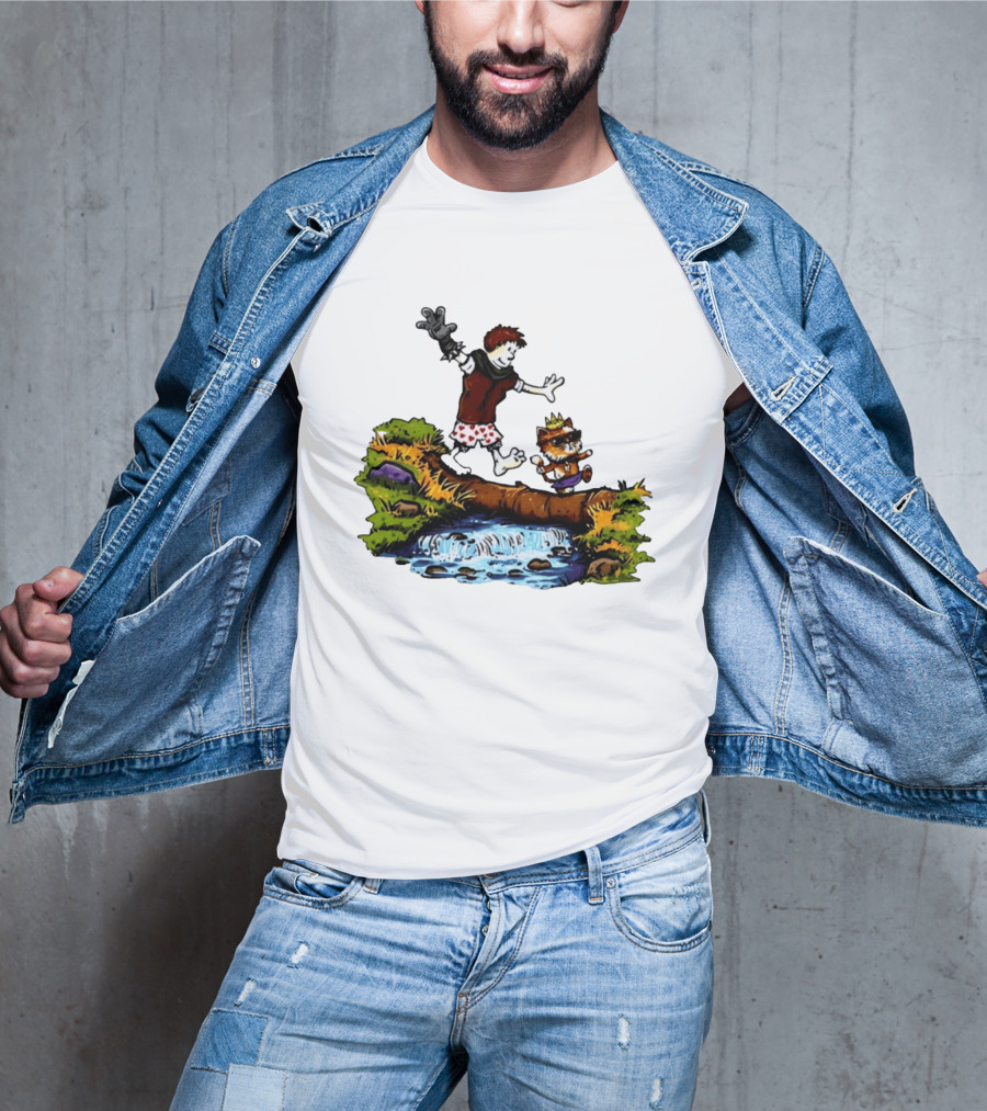 Boy And Crowned Cat Balancing On Log Over Stream T-Shirt