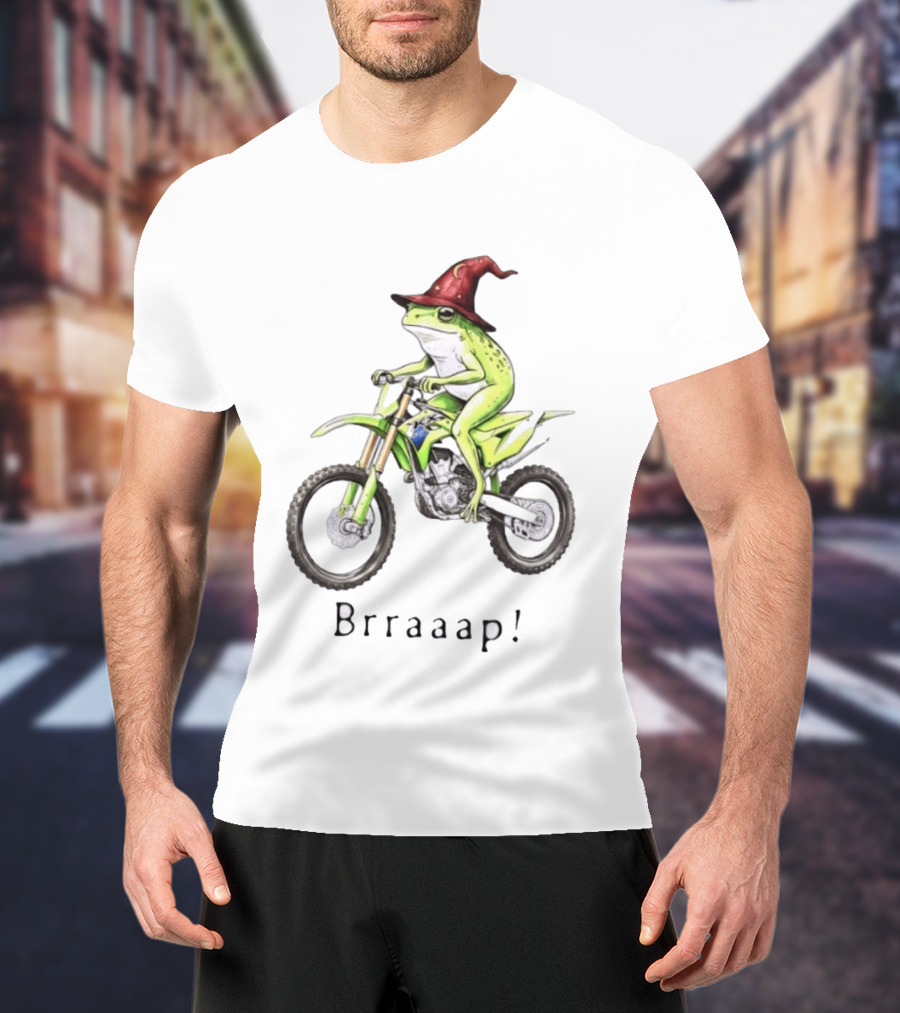 Brraaap Wizard Frog On Green Motocross Bike T-Shirt