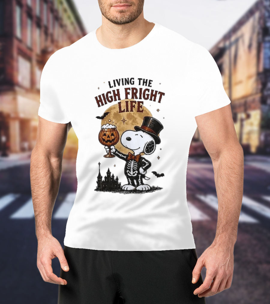 Peanuts Snoopy Living The High Fright Life Halloween Moon Pumpkin T-Shirt