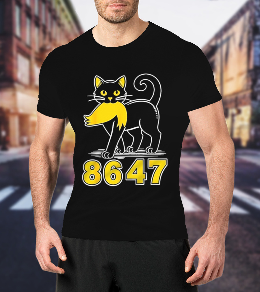 Black Cat 8647 Feline With Yellow Mustache T-Shirt