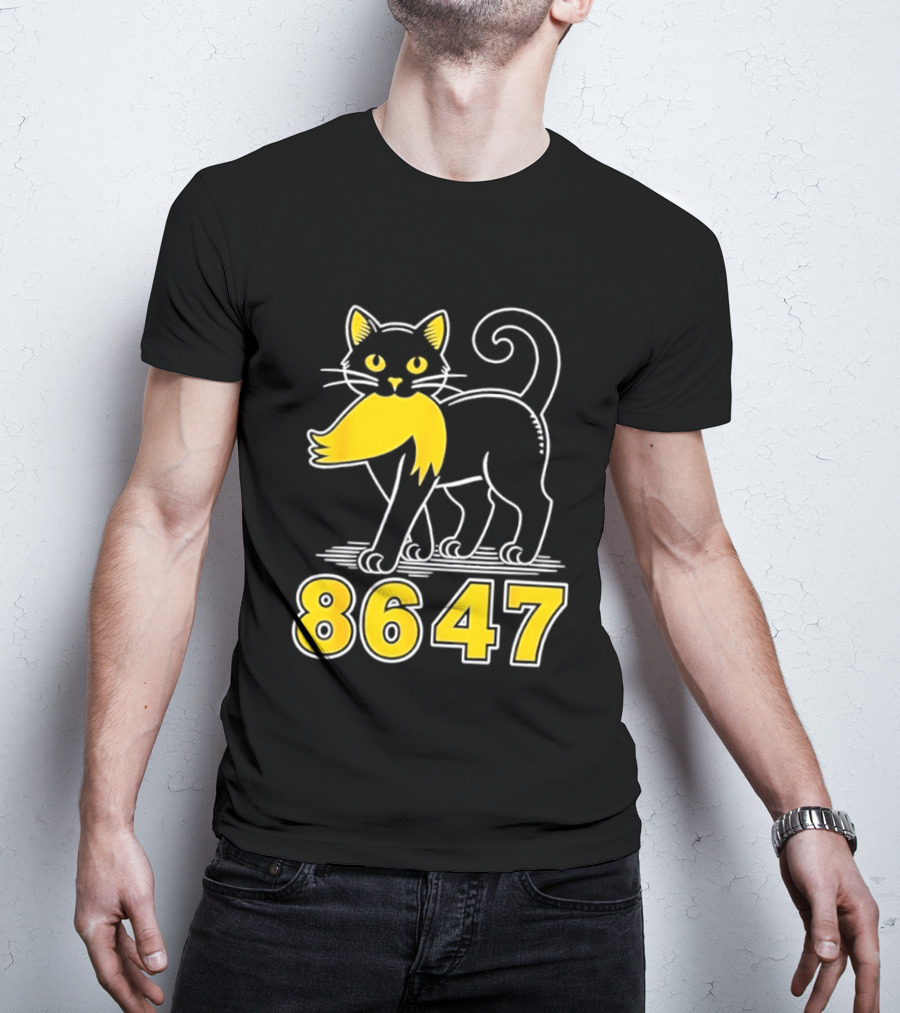 Black Cat 8647 Feline With Yellow Mustache T-Shirt
