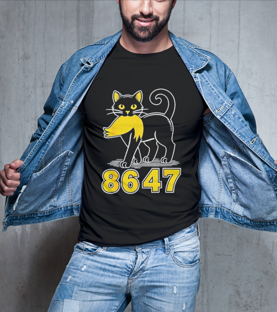 Black Cat 8647 Feline With Yellow Mustache T-Shirt