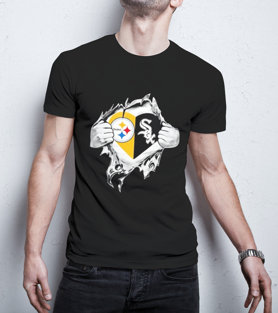 Pittsburgh Steelers Chicago White Sox Heart Superman Chest Rip T-Shirt