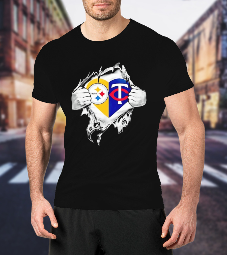 Pittsburgh Steelers Minnesota Twins Heart Superman Chest Rip T-Shirt
