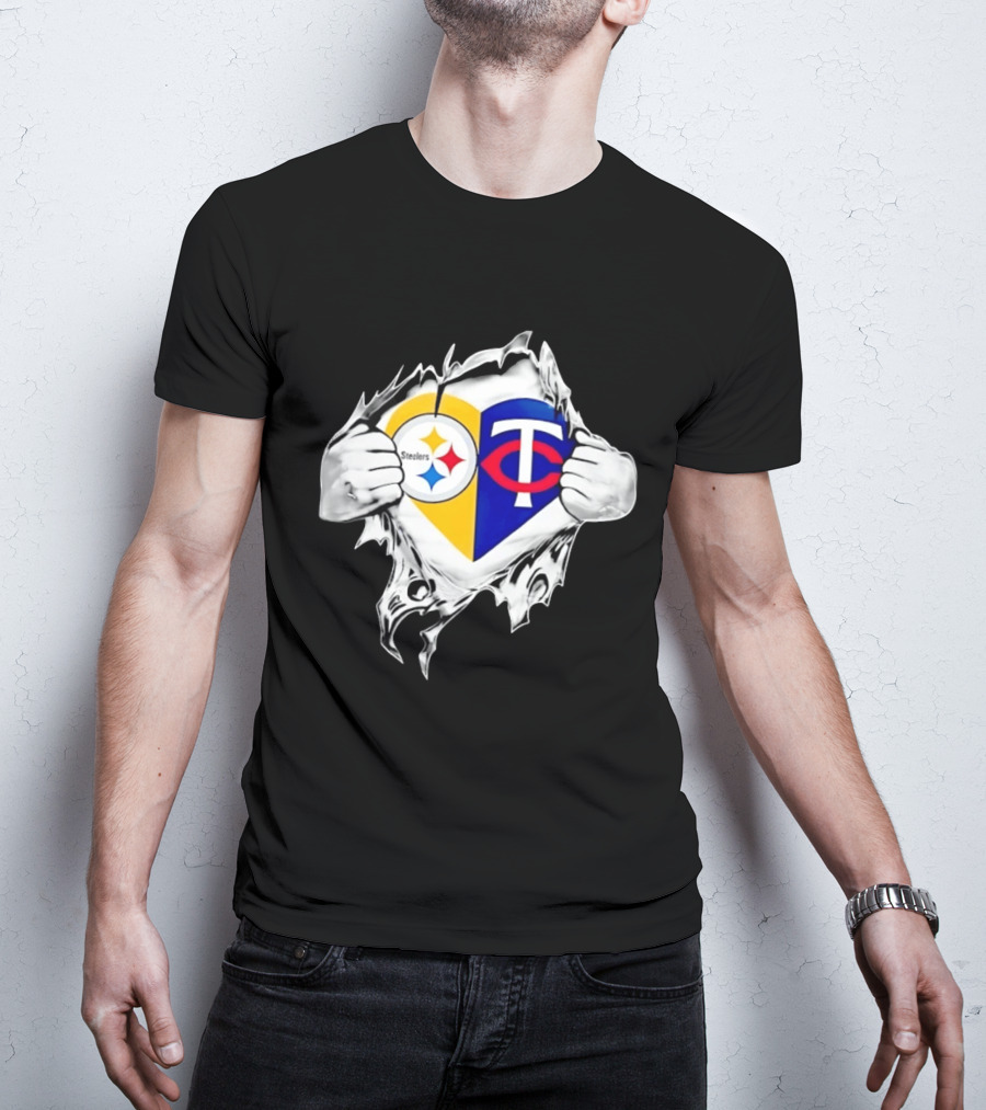 Pittsburgh Steelers Minnesota Twins Heart Superman Chest Rip T-Shirt