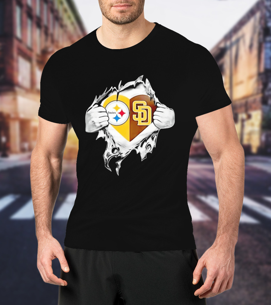 Pittsburgh Steelers San Diego Padres Heart Superman Chest Rip T-Shirt