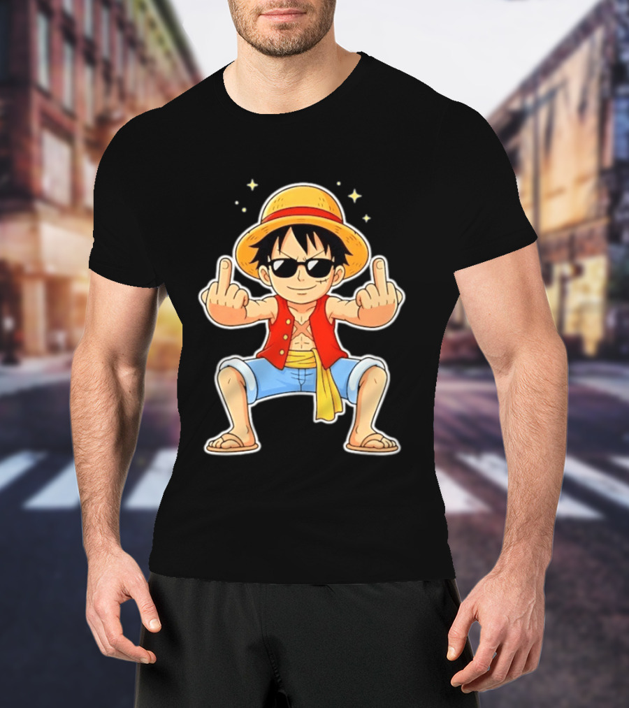 Monkey D Luffy Sunglasses Middle Finger Gesture Anime T-Shirt