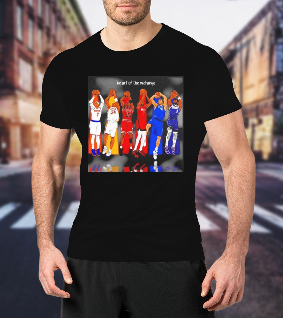 The Art Of The Midrange Basketball Legends Collage Knicks Lakers Bulls Rockets Mavericks T-Shirt
