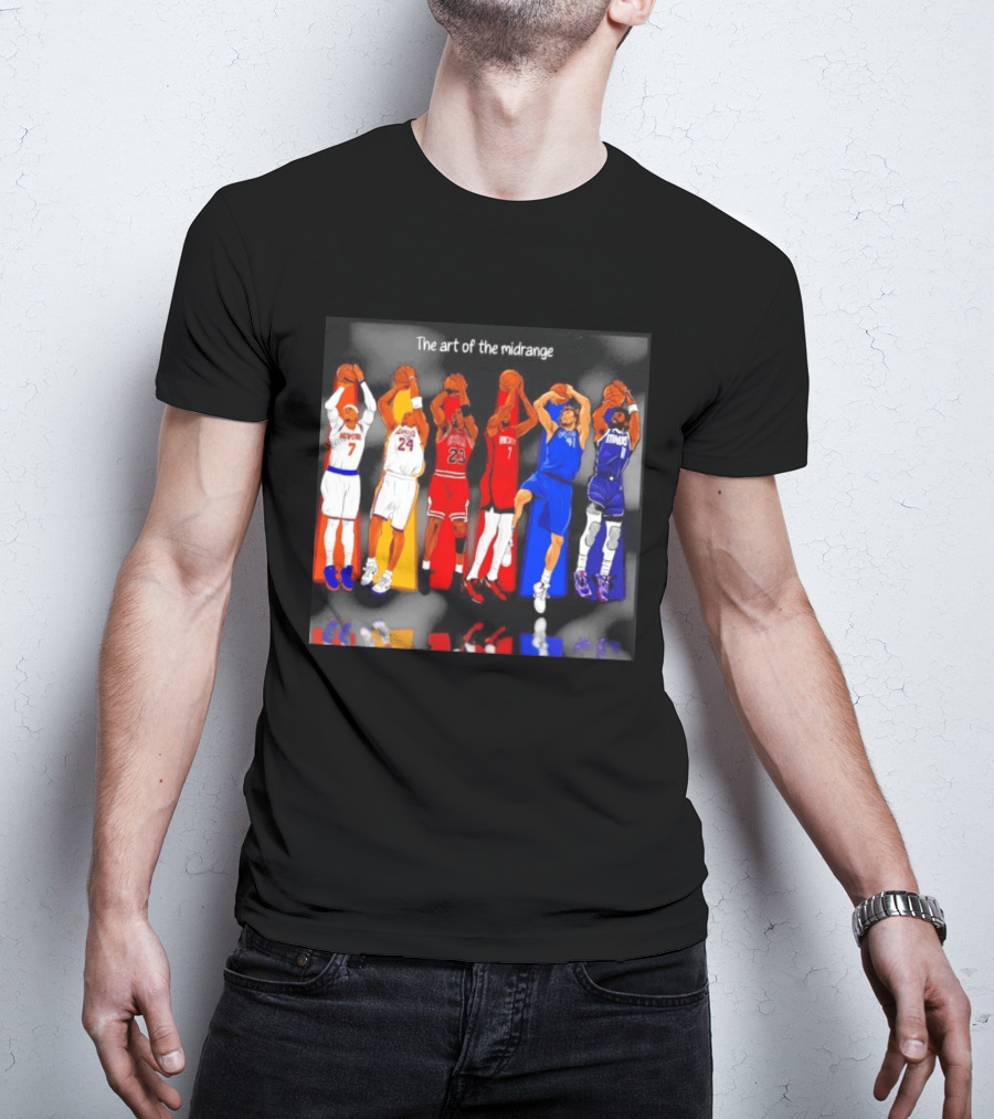 The Art Of The Midrange Basketball Legends Collage Knicks Lakers Bulls Rockets Mavericks T-Shirt