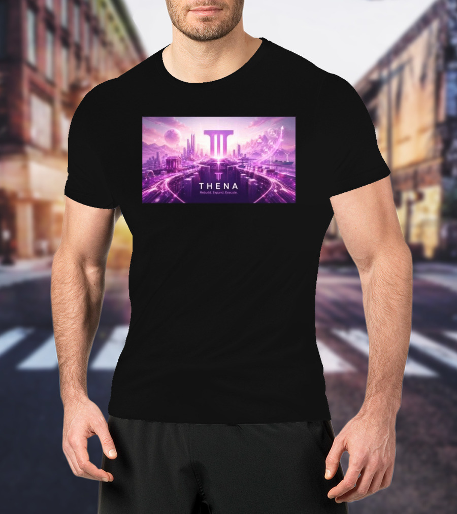 Thena Rebuild Expand Execute Futuristic Cityscape With Purple Skyline And Skyscrapers T-Shirt