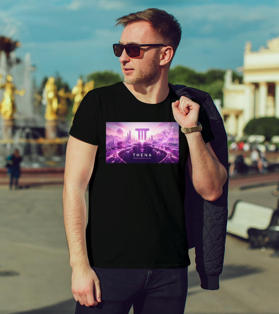 Thena Rebuild Expand Execute Futuristic Cityscape With Purple Skyline And Skyscrapers T-Shirt
