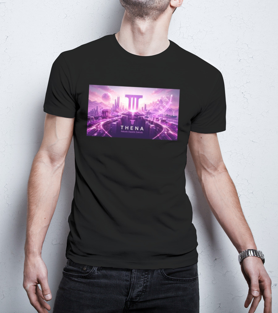 Thena Rebuild Expand Execute Futuristic Cityscape With Purple Skyline And Skyscrapers T-Shirt