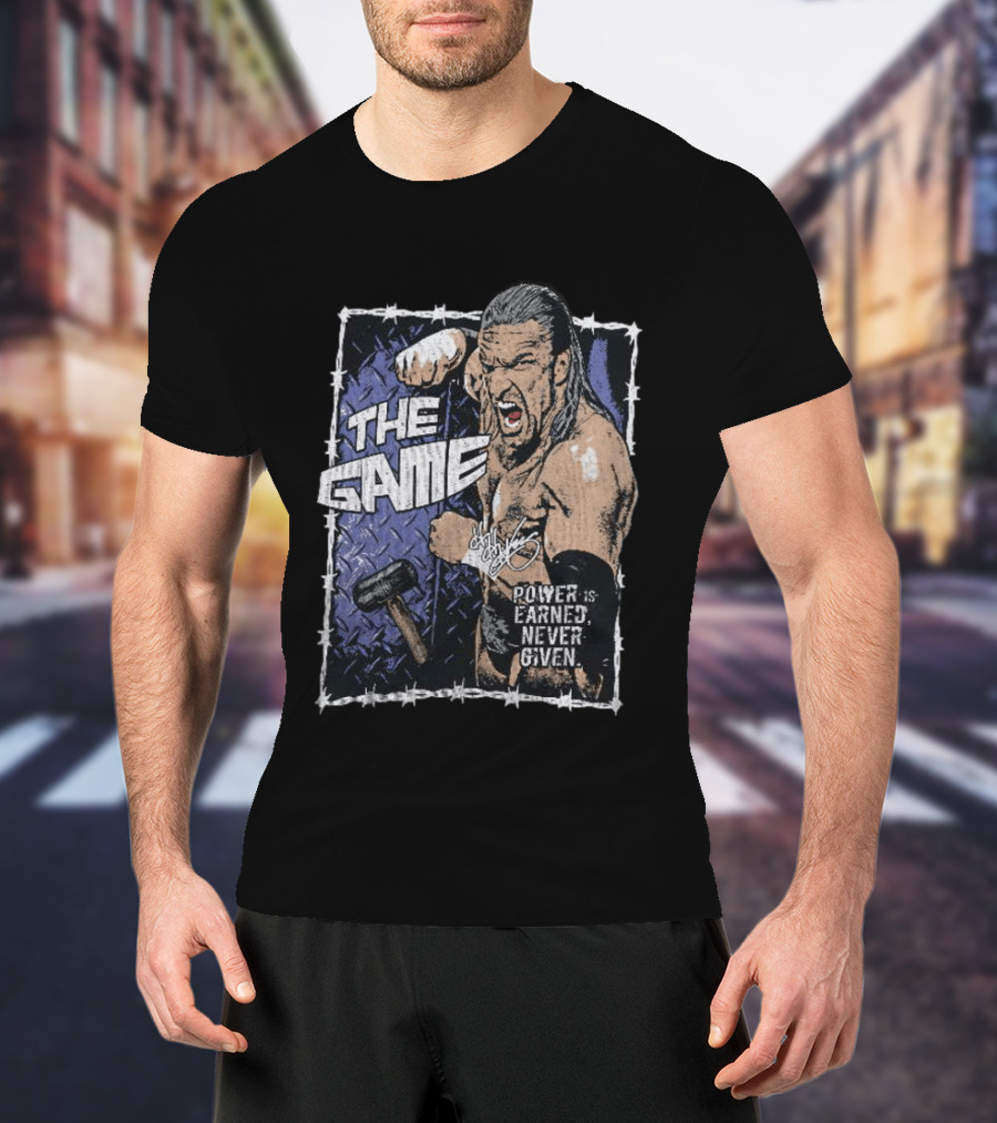 Triple H The Game WWE Power Is Earned Never Given Barbed Wire Signature Sledgehammer T-Shirt