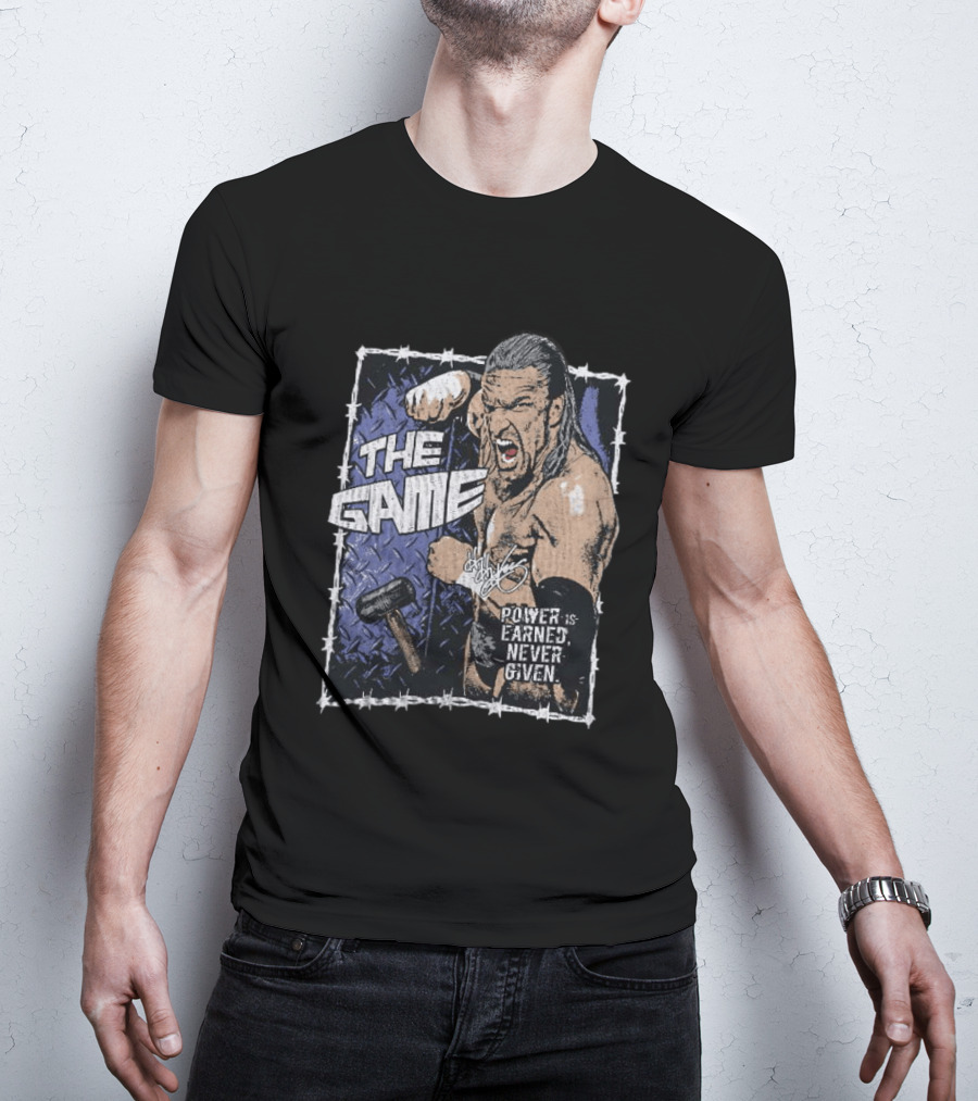 Triple H The Game WWE Power Is Earned Never Given Barbed Wire Signature Sledgehammer T-Shirt
