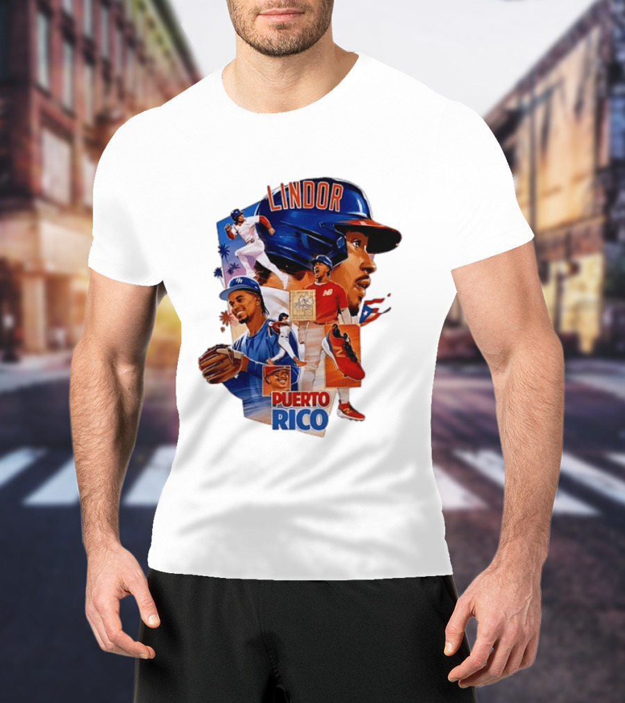 Francisco Lindor Puerto Rico New York Mets Baseball Legend Blue And Orange Helmet Dynamic Action Moves T-Shirt