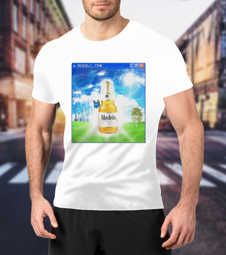 Modelo Time Frutiger Aero Aesthetic Butterfly Bottle Clouds Cityscape T-Shirt