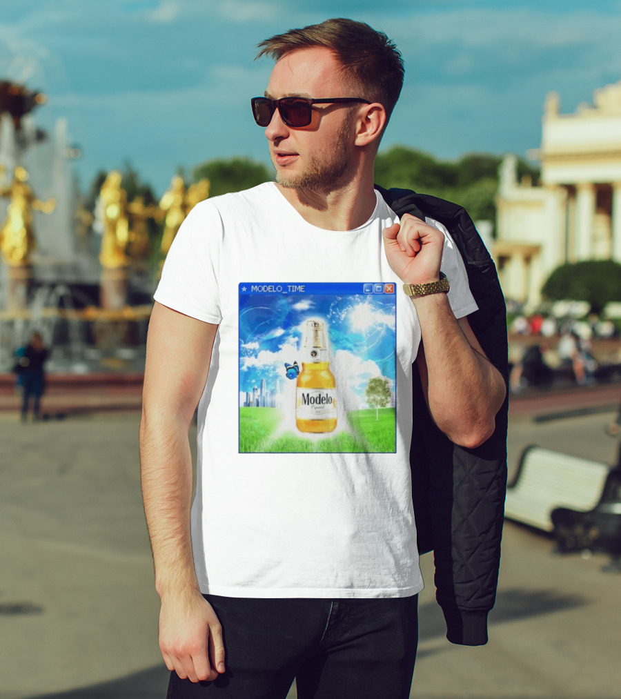 Modelo Time Frutiger Aero Aesthetic Butterfly Bottle Clouds Cityscape T-Shirt