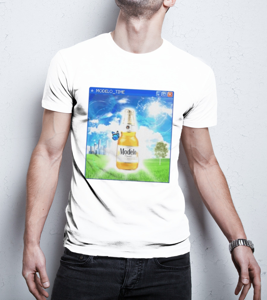 Modelo Time Frutiger Aero Aesthetic Butterfly Bottle Clouds Cityscape T-Shirt